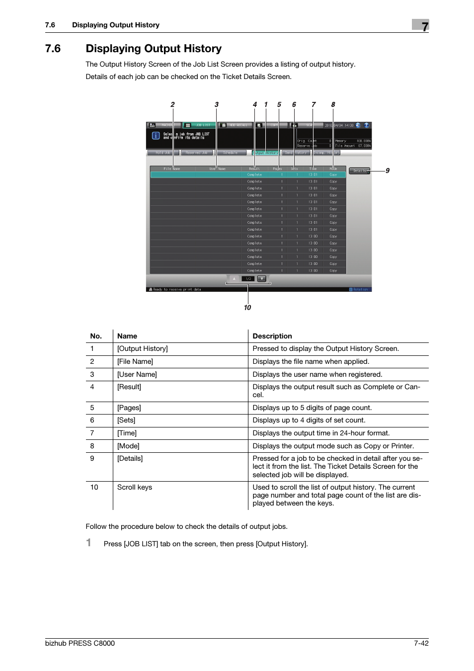 6 displaying output history, Displaying output history -42 | Konica Minolta bizhub PRESS C8000e User Manual | Page 274 / 418