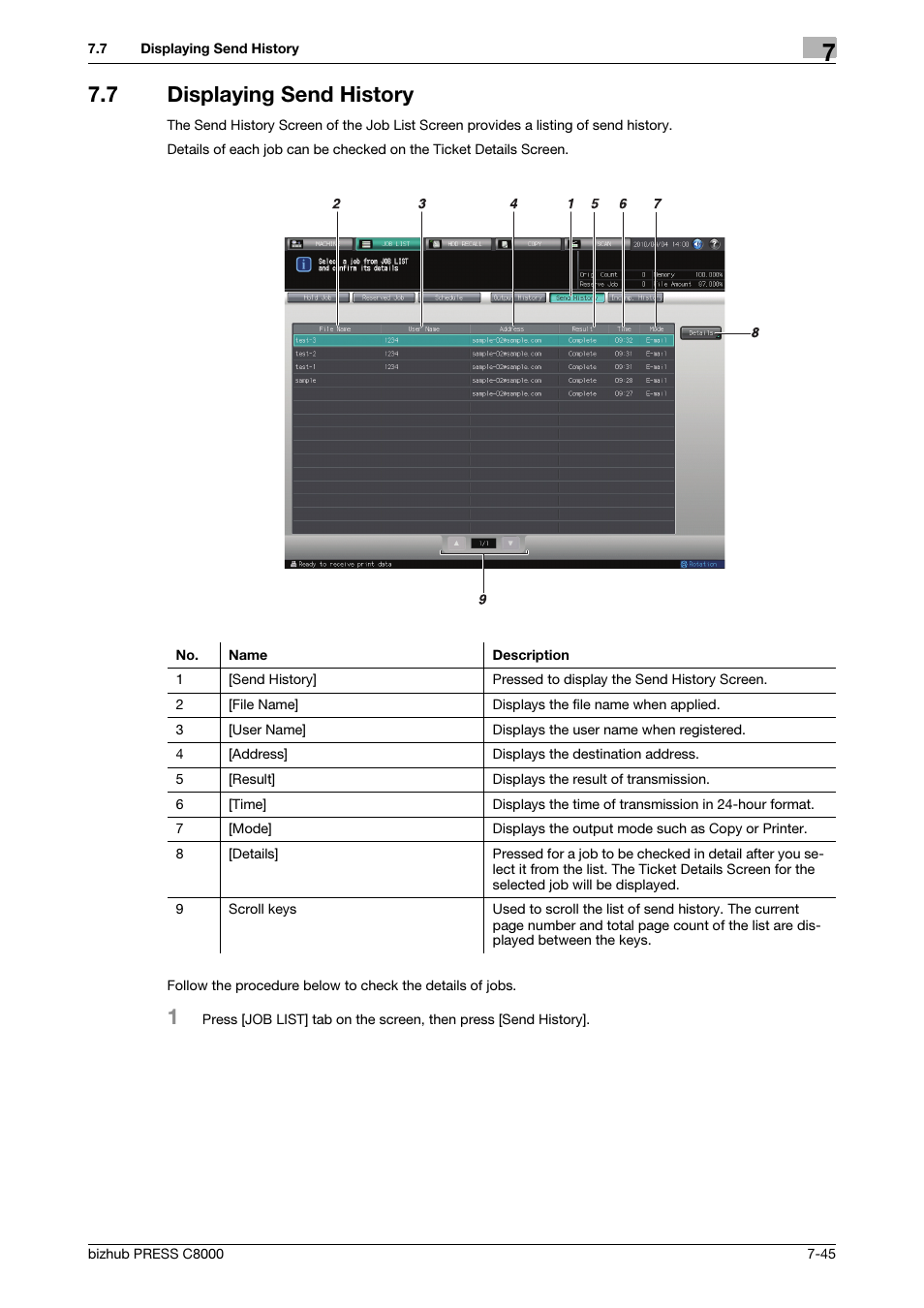 7 displaying send history, Displaying send history -45 | Konica Minolta bizhub PRESS C8000e User Manual | Page 277 / 418