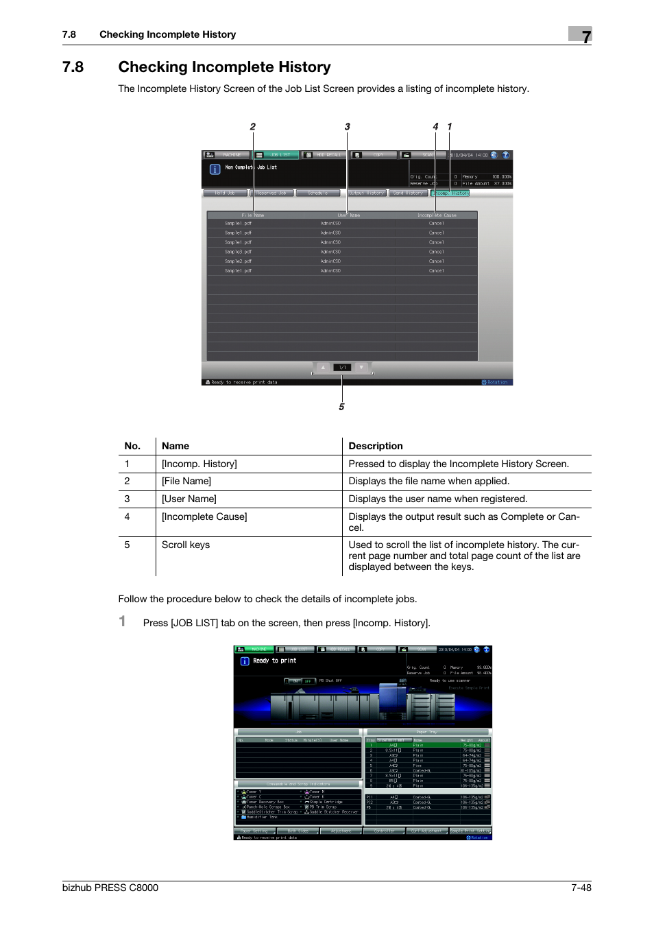 8 checking incomplete history, Checking incomplete history -48 | Konica Minolta bizhub PRESS C8000e User Manual | Page 280 / 418