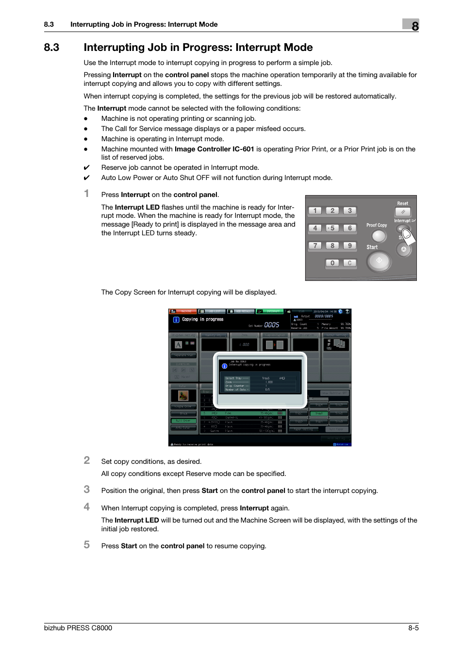 3 interrupting job in progress: interrupt mode, Interrupting job in progress: interrupt mode -5 | Konica Minolta bizhub PRESS C8000e User Manual | Page 286 / 418