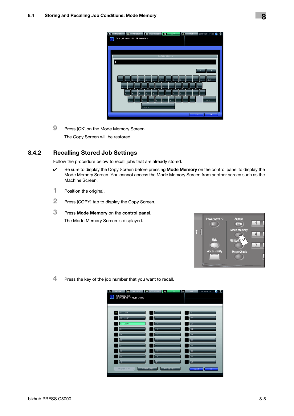 2 recalling stored job settings, Recalling stored job settings -8 | Konica Minolta bizhub PRESS C8000e User Manual | Page 289 / 418