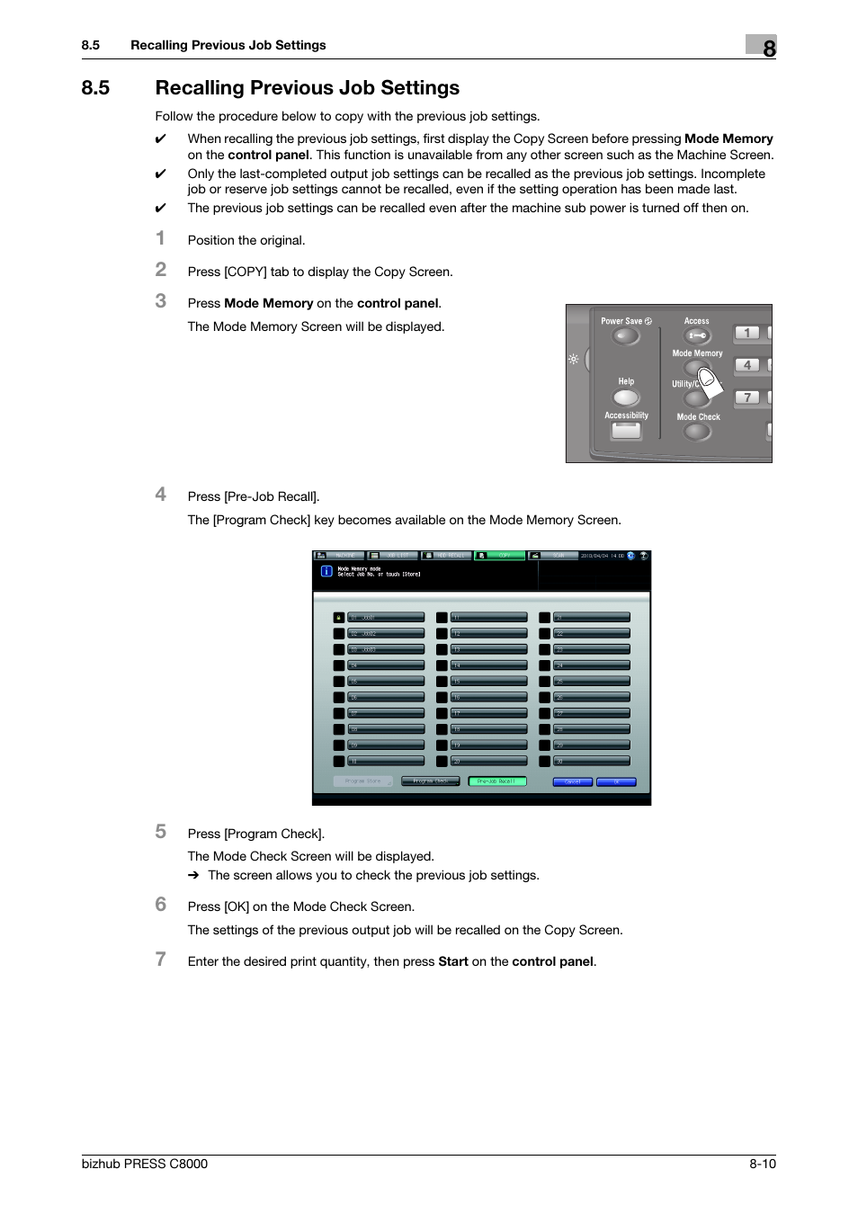 5 recalling previous job settings, Recalling previous job settings -10 | Konica Minolta bizhub PRESS C8000e User Manual | Page 291 / 418