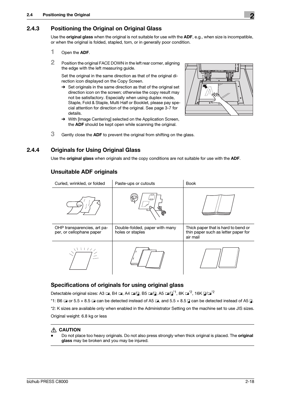 3 positioning the original on original glass, 4 originals for using original glass, Unsuitable adf originals | Positioning the original on original glass -18, Originals for using original glass -18 | Konica Minolta bizhub PRESS C8000e User Manual | Page 30 / 418