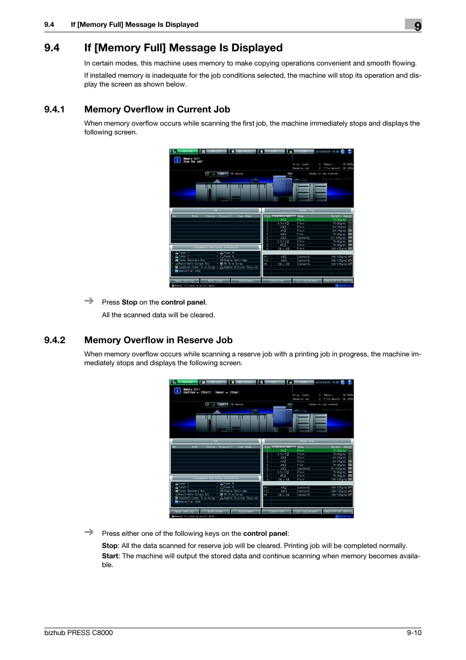 4 if [memory full] message is displayed, 1 memory overflow in current job, 2 memory overflow in reserve job | If [memory full] message is displayed -10, Memory overflow in current job -10, Memory overflow in reserve job -10 | Konica Minolta bizhub PRESS C8000e User Manual | Page 305 / 418