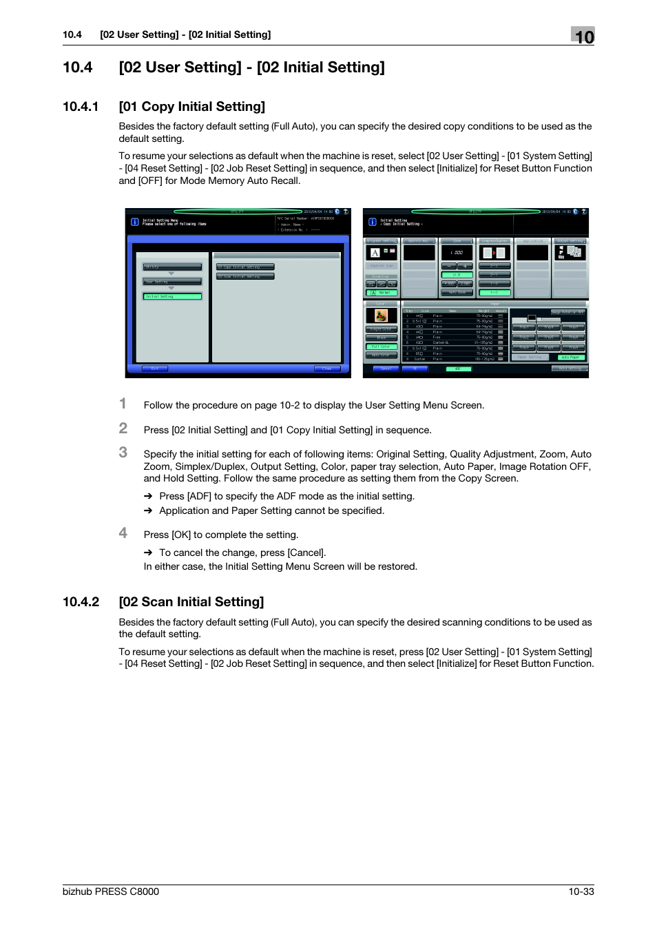 4 [02 user setting] - [02 initial setting, 1 [01 copy initial setting, 2 [02 scan initial setting | 02 user setting] - [02 initial setting] -33, 01 copy initial setting] -33, 02 scan initial setting] -33 | Konica Minolta bizhub PRESS C8000e User Manual | Page 341 / 418