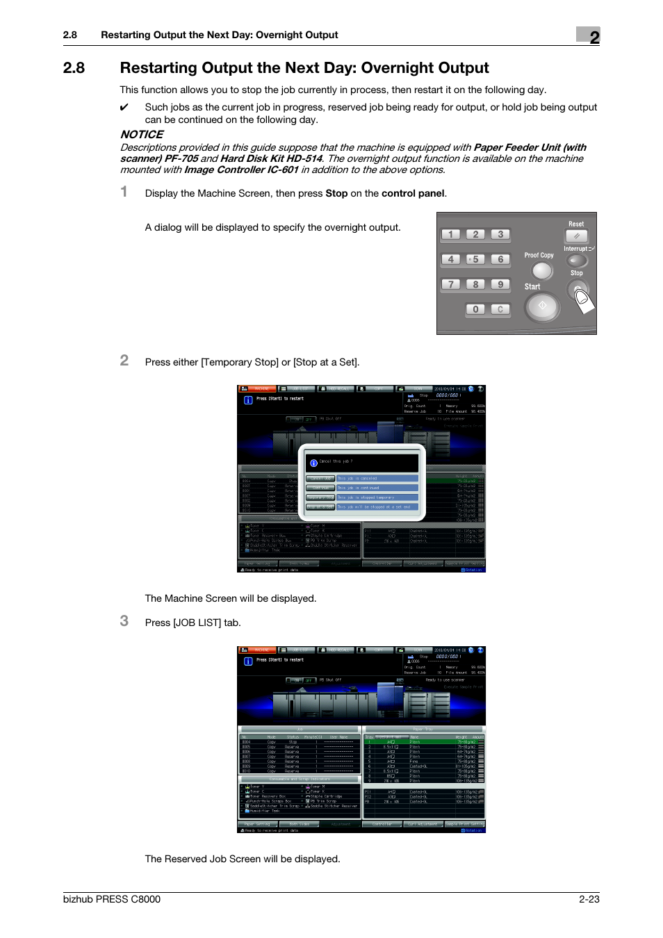 8 restarting output the next day: overnight output | Konica Minolta bizhub PRESS C8000e User Manual | Page 35 / 418