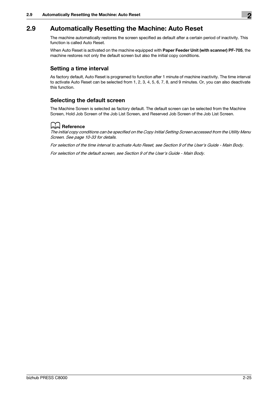 9 automatically resetting the machine: auto reset, Setting a time interval, Selecting the default screen | Konica Minolta bizhub PRESS C8000e User Manual | Page 37 / 418