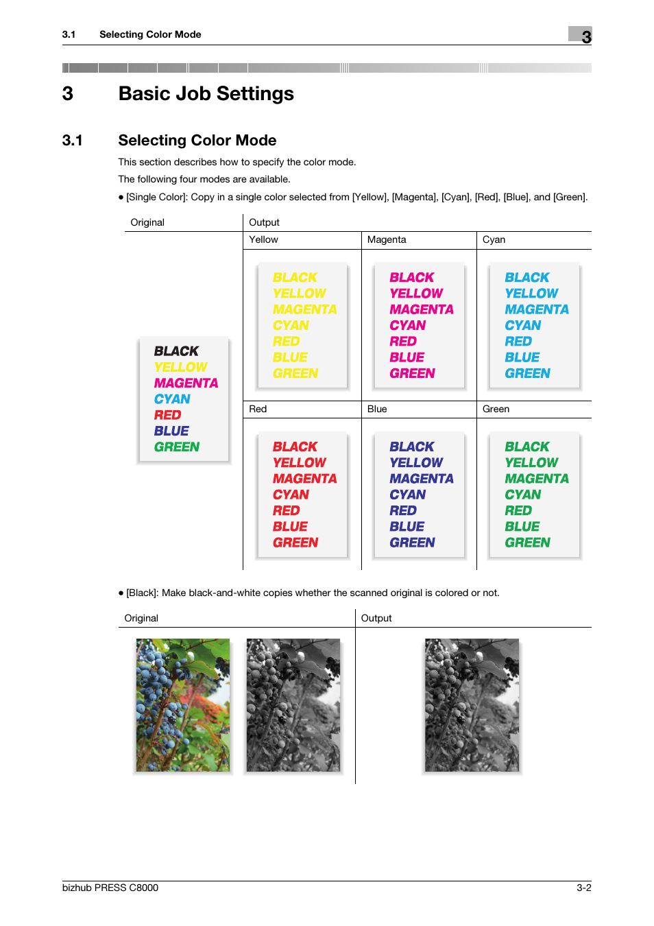 3 basic job settings, 1 selecting color mode, Basic job settings | Selecting color mode -2, 3basic job settings | Konica Minolta bizhub PRESS C8000e User Manual | Page 40 / 418