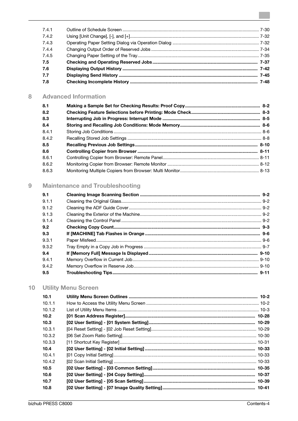 8advanced information, 9maintenance and troubleshooting, 10 utility menu screen | Konica Minolta bizhub PRESS C8000e User Manual | Page 5 / 418