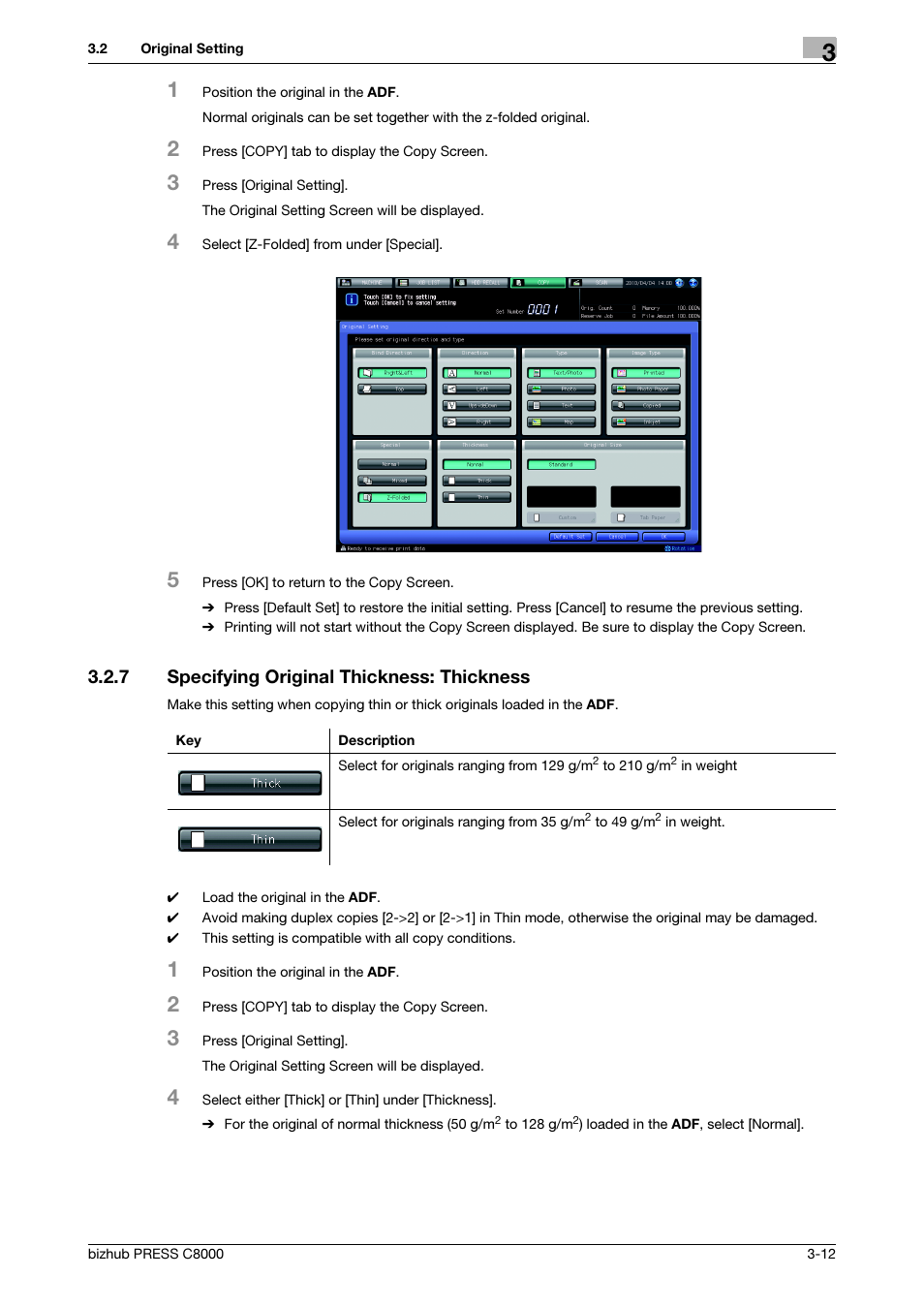 7 specifying original thickness: thickness, Specifying original thickness: thickness -12 | Konica Minolta bizhub PRESS C8000e User Manual | Page 50 / 418
