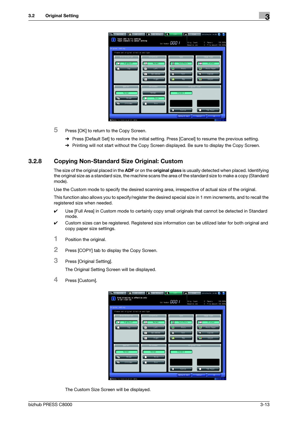 8 copying non-standard size original: custom, Copying non-standard size original: custom -13 | Konica Minolta bizhub PRESS C8000e User Manual | Page 51 / 418