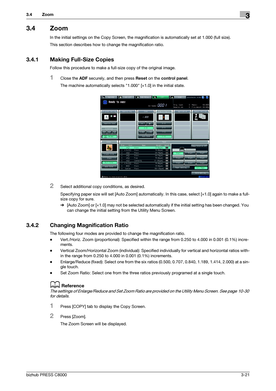 4 zoom, 1 making full-size copies, 2 changing magnification ratio | Zoom -21, Making full-size copies -21, Changing magnification ratio -21 | Konica Minolta bizhub PRESS C8000e User Manual | Page 59 / 418