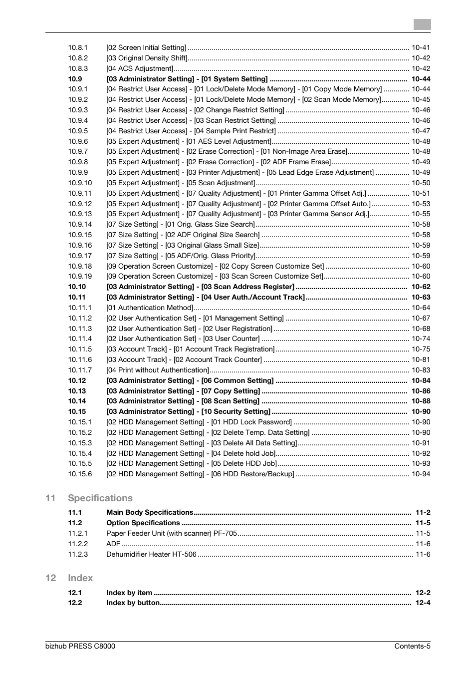 11 specifications, 12 index | Konica Minolta bizhub PRESS C8000e User Manual | Page 6 / 418