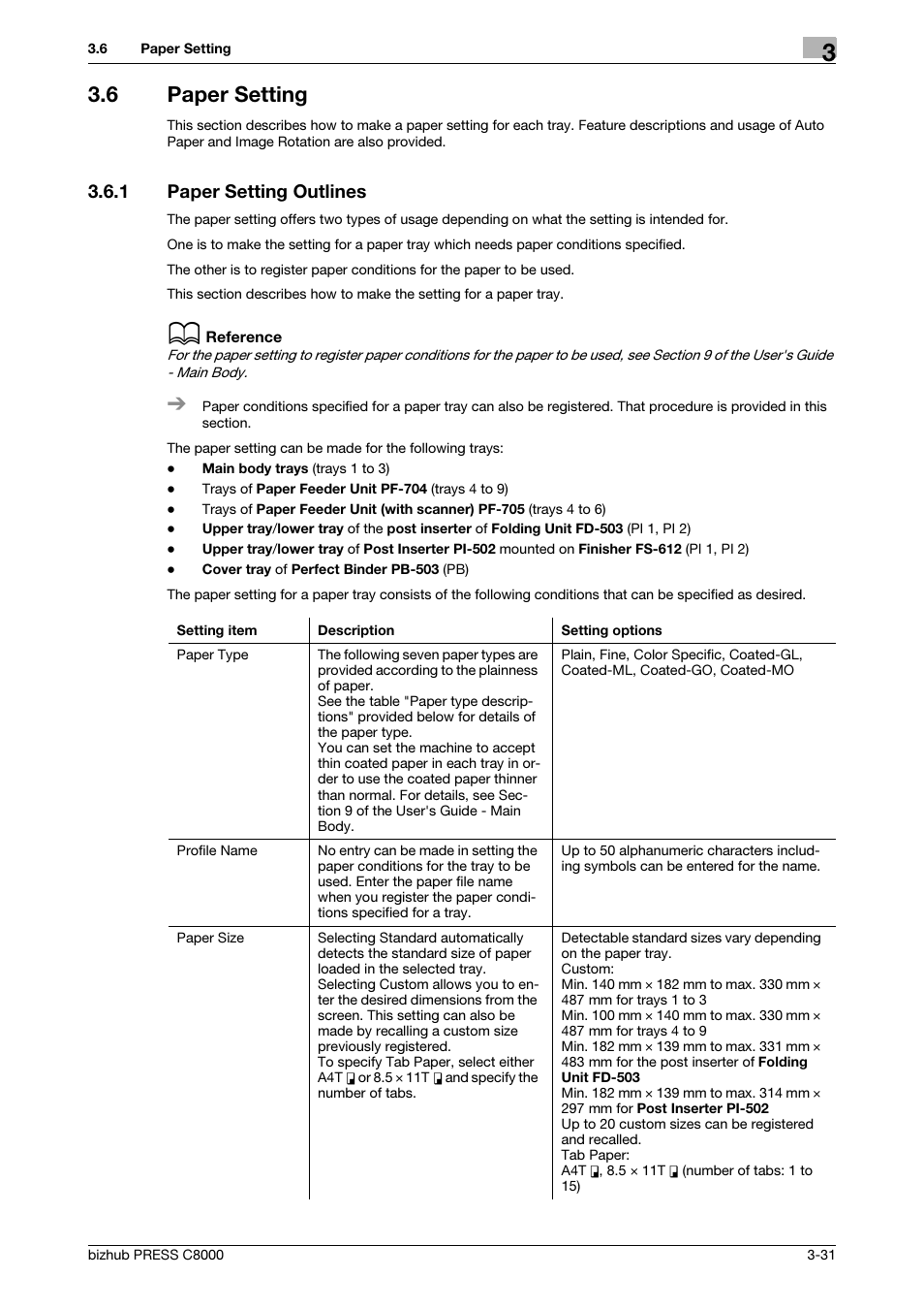 6 paper setting, 1 paper setting outlines, Paper setting -31 | Paper setting outlines -31 | Konica Minolta bizhub PRESS C8000e User Manual | Page 69 / 418