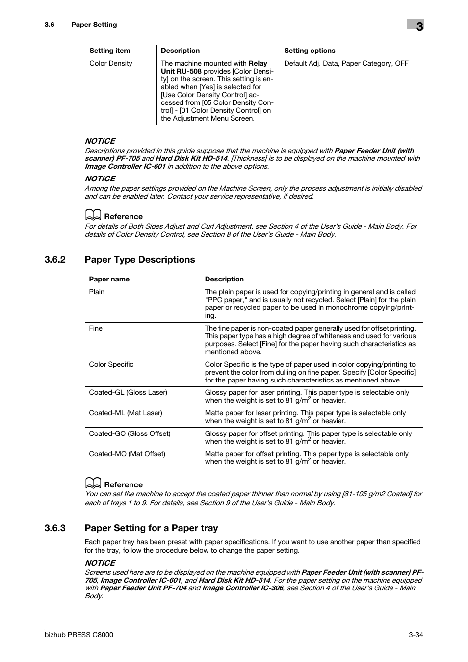 2 paper type descriptions, 3 paper setting for a paper tray, Paper type descriptions -34 | Paper setting for a paper tray -34 | Konica Minolta bizhub PRESS C8000e User Manual | Page 72 / 418