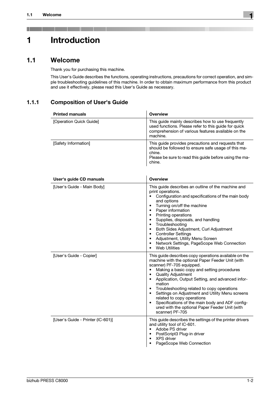 1 introduction, 1 welcome, 1 composition of user's guide | Introduction, Welcome -2, Composition of user's guide -2, 1introduction | Konica Minolta bizhub PRESS C8000e User Manual | Page 8 / 418