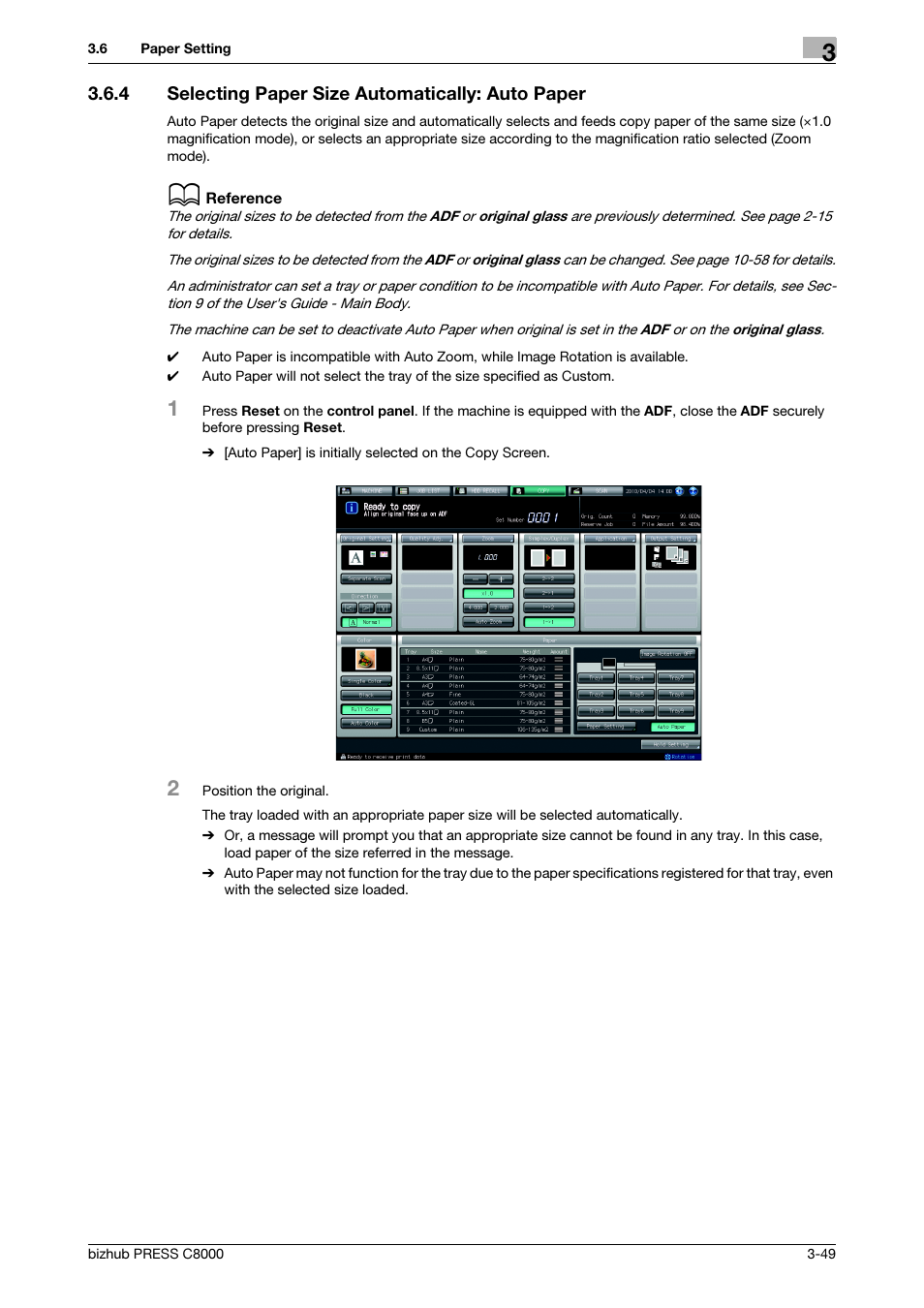 4 selecting paper size automatically: auto paper, Selecting paper size automatically: auto paper -49 | Konica Minolta bizhub PRESS C8000e User Manual | Page 87 / 418