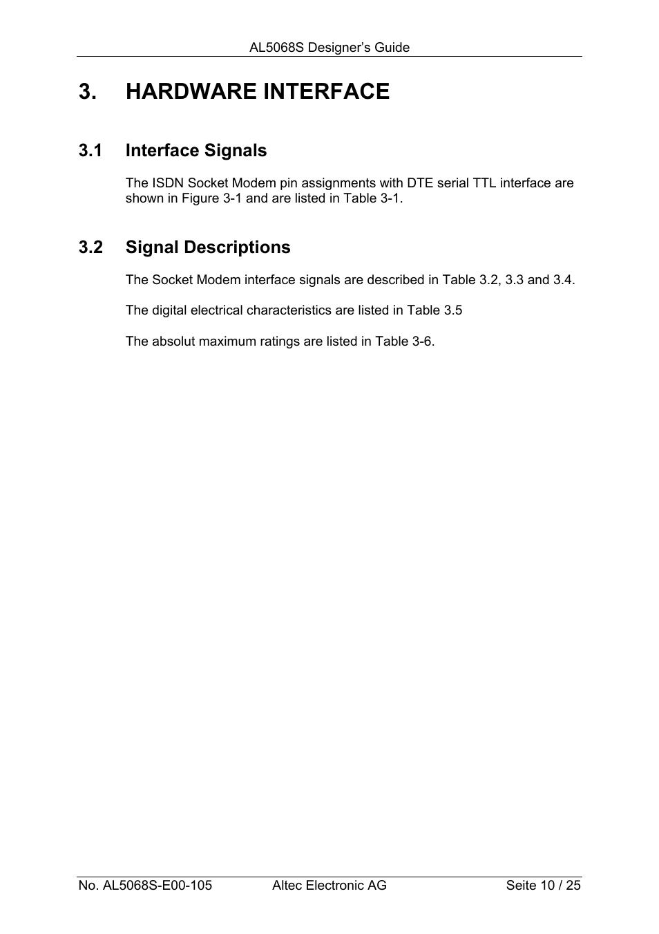 Hardware interface | Altec ISDN Socket Modem AL5068S-3V User Manual | Page 10 / 25