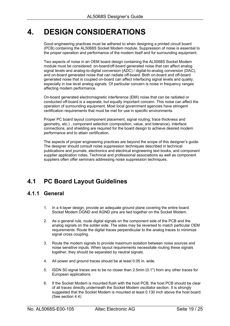 Design considerations, 1 pc board layout guidelines | Altec ISDN Socket Modem AL5068S-3V User Manual | Page 19 / 25