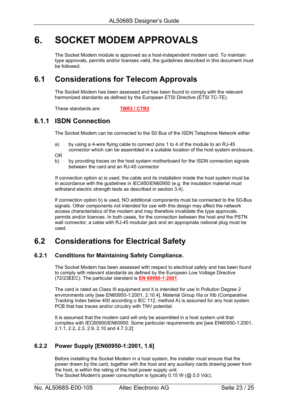 Socket modem approvals, 1 considerations for telecom approvals, 2 considerations for electrical safety | 1 isdn connection | Altec ISDN Socket Modem AL5068S-3V User Manual | Page 23 / 25