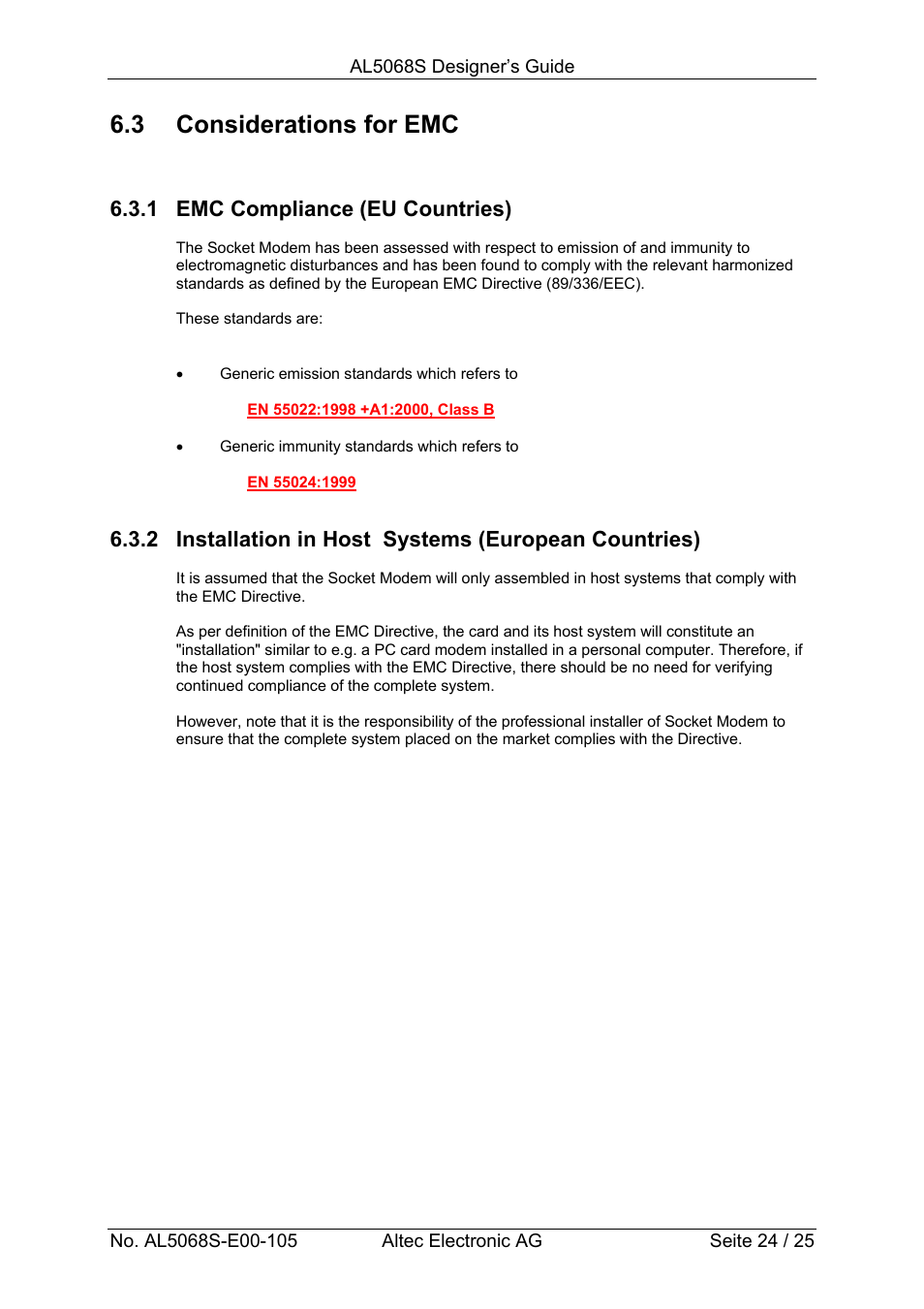3 considerations for emc, 1 emc compliance (eu countries) | Altec ISDN Socket Modem AL5068S-3V User Manual | Page 24 / 25