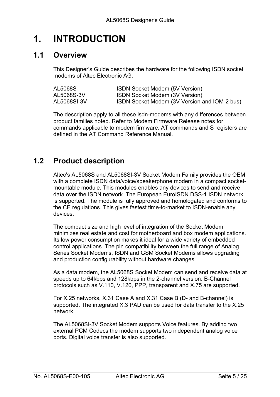 Introduction, 1 overview, 2 product description | Altec ISDN Socket Modem AL5068S-3V User Manual | Page 5 / 25