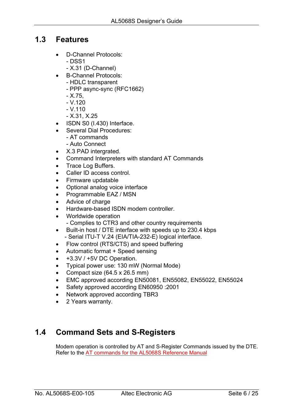 3 features, 4 command sets and s-registers | Altec ISDN Socket Modem AL5068S-3V User Manual | Page 6 / 25