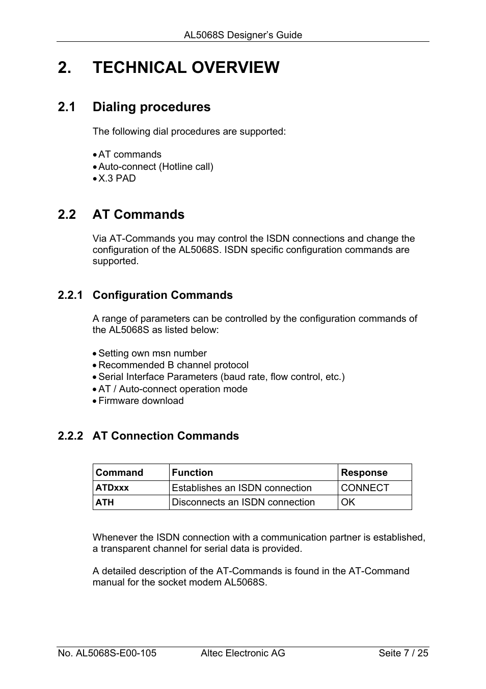 Technical overview, 1 dialing procedures, 2 at commands | Altec ISDN Socket Modem AL5068S-3V User Manual | Page 7 / 25