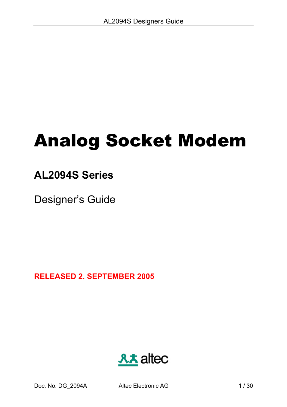 Altec Analog Socket Modem AL2094S User Manual | 30 pages