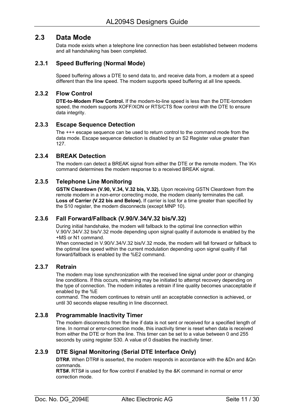 Al2094s designers guide, 3 data mode | Altec Analog Socket Modem AL2094S User Manual | Page 11 / 30