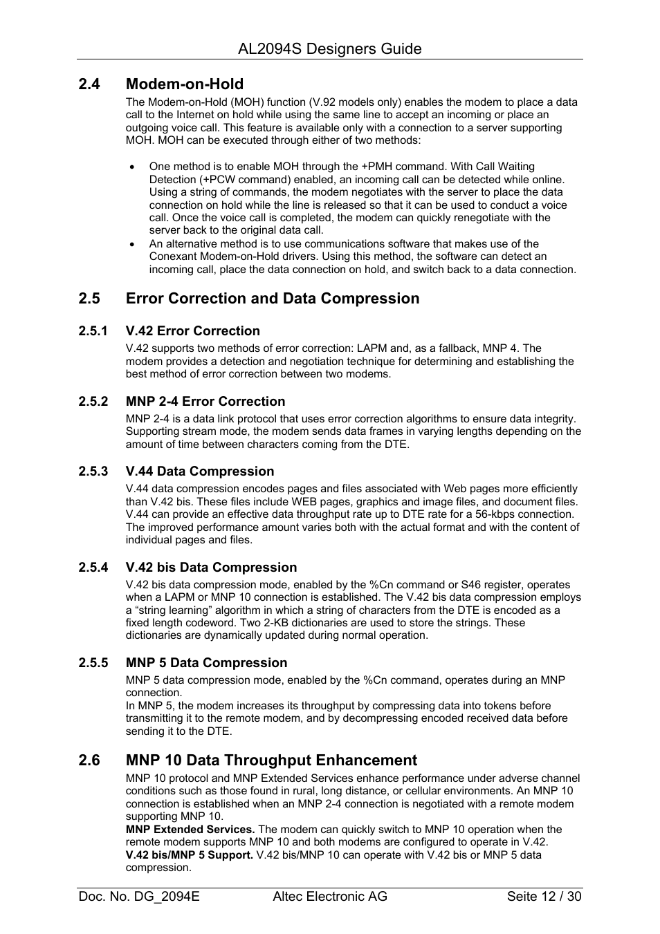 Al2094s designers guide, 4 modem-on-hold, 5 error correction and data compression | 6 mnp 10 data throughput enhancement | Altec Analog Socket Modem AL2094S User Manual | Page 12 / 30