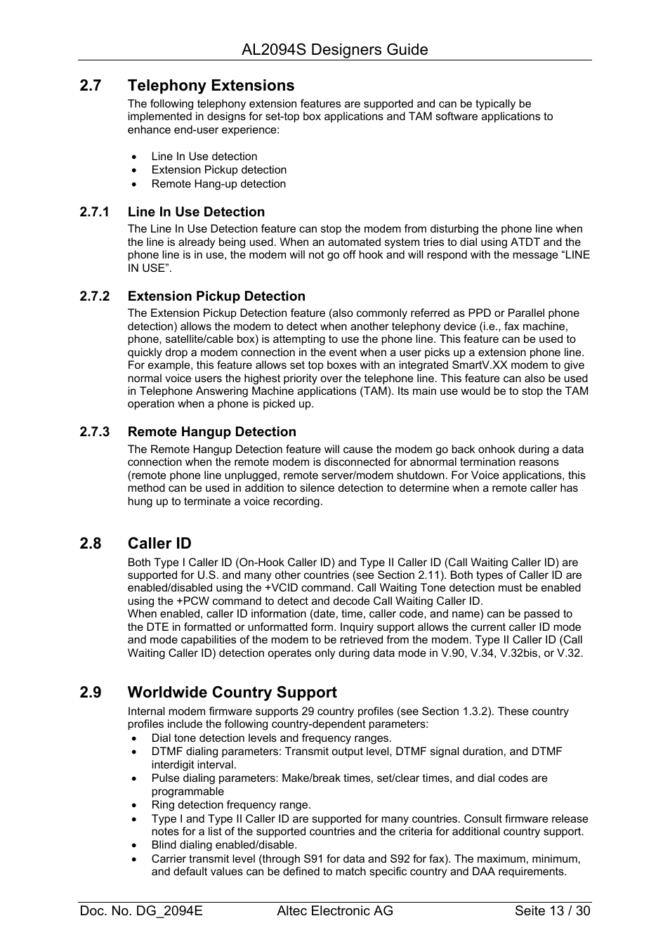 Al2094s designers guide, 7 telephony extensions, 8 caller id | 9 worldwide country support | Altec Analog Socket Modem AL2094S User Manual | Page 13 / 30