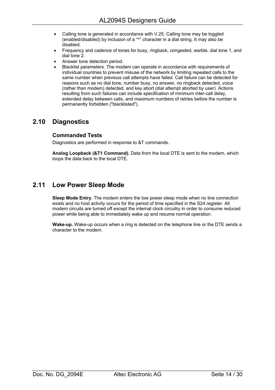 Al2094s designers guide, 10 diagnostics, 11 low power sleep mode | Altec Analog Socket Modem AL2094S User Manual | Page 14 / 30