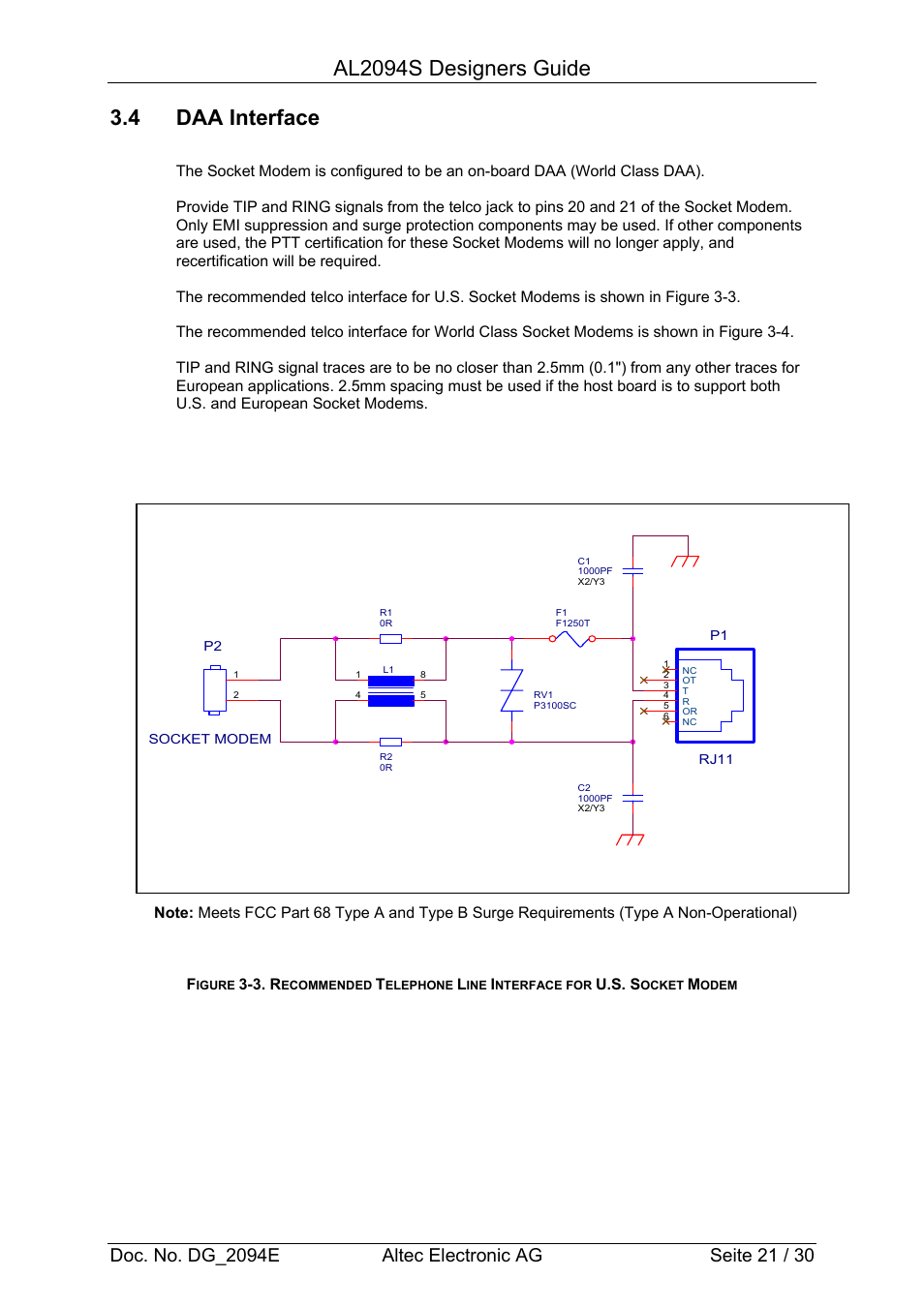 Al2094s designers guide, 4 daa interface, 3. r | U.s. s | Altec Analog Socket Modem AL2094S User Manual | Page 21 / 30