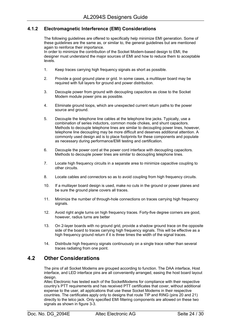 Al2094s designers guide, 2 other considerations | Altec Analog Socket Modem AL2094S User Manual | Page 24 / 30