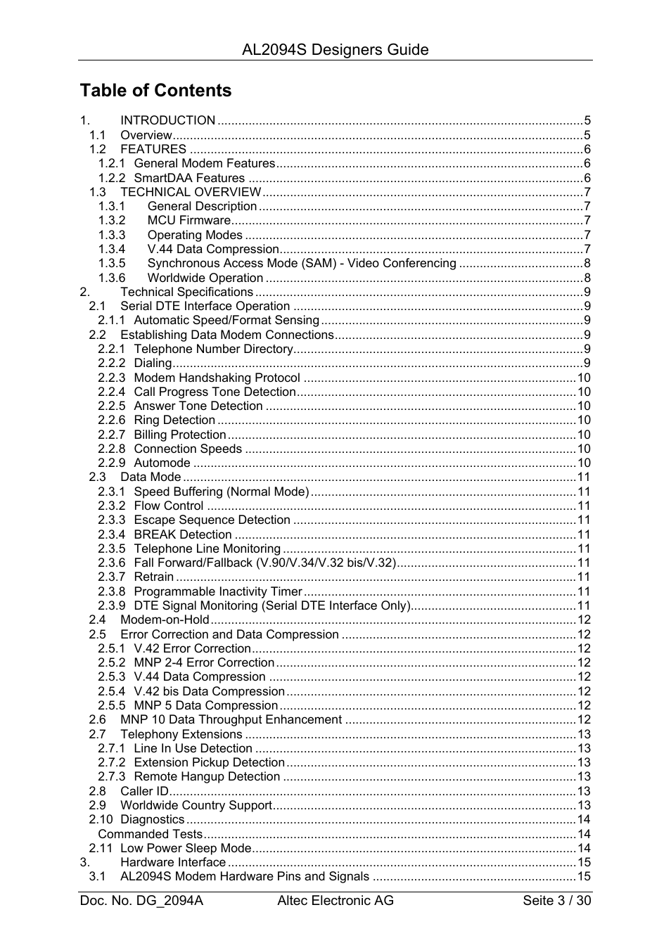 Altec Analog Socket Modem AL2094S User Manual | Page 3 / 30