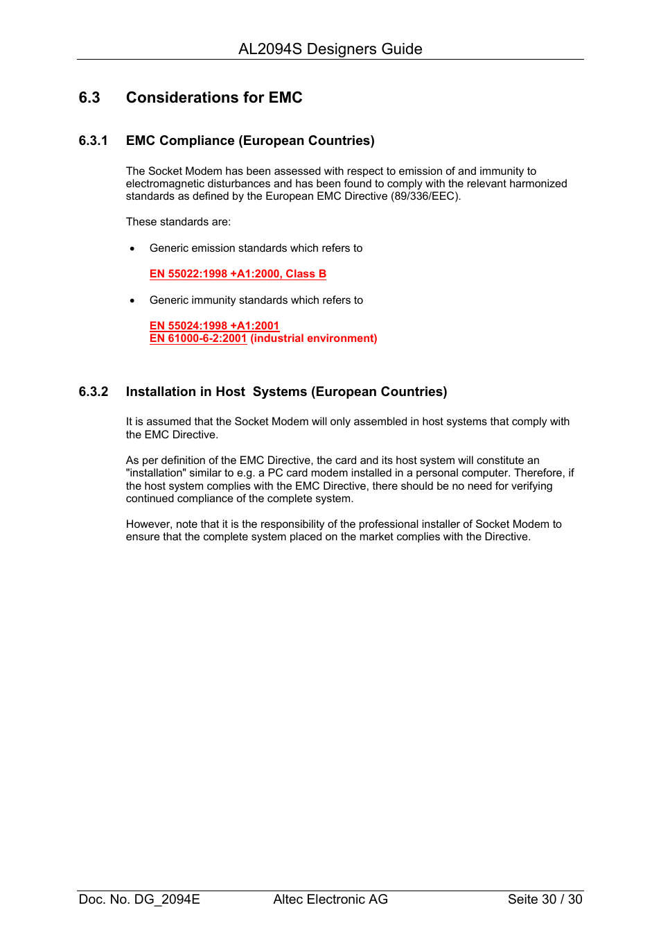 Al2094s designers guide, 3 considerations for emc | Altec Analog Socket Modem AL2094S User Manual | Page 30 / 30