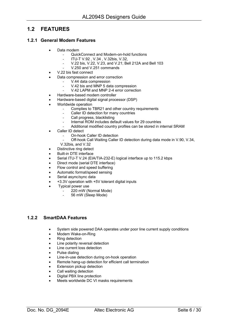 Al2094s designers guide, 2 features | Altec Analog Socket Modem AL2094S User Manual | Page 6 / 30