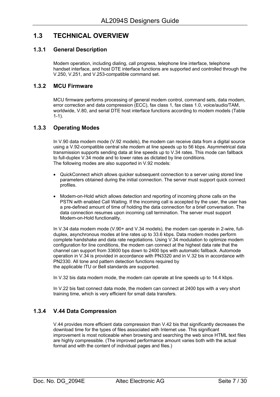 Al2094s designers guide, 3 technical overview | Altec Analog Socket Modem AL2094S User Manual | Page 7 / 30