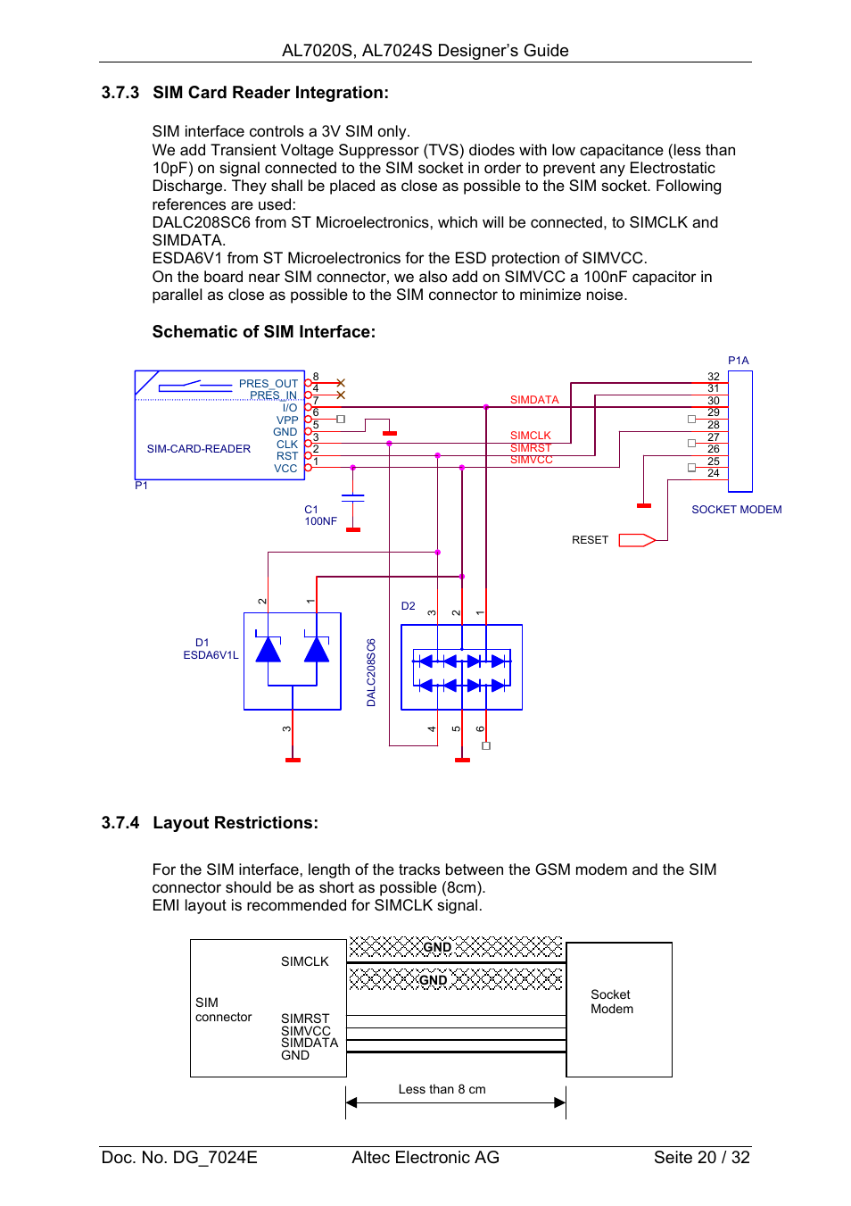 Schematic of sim interface, 4 layout restrictions | Altec GSM SOCKET AL7020S User Manual | Page 20 / 32