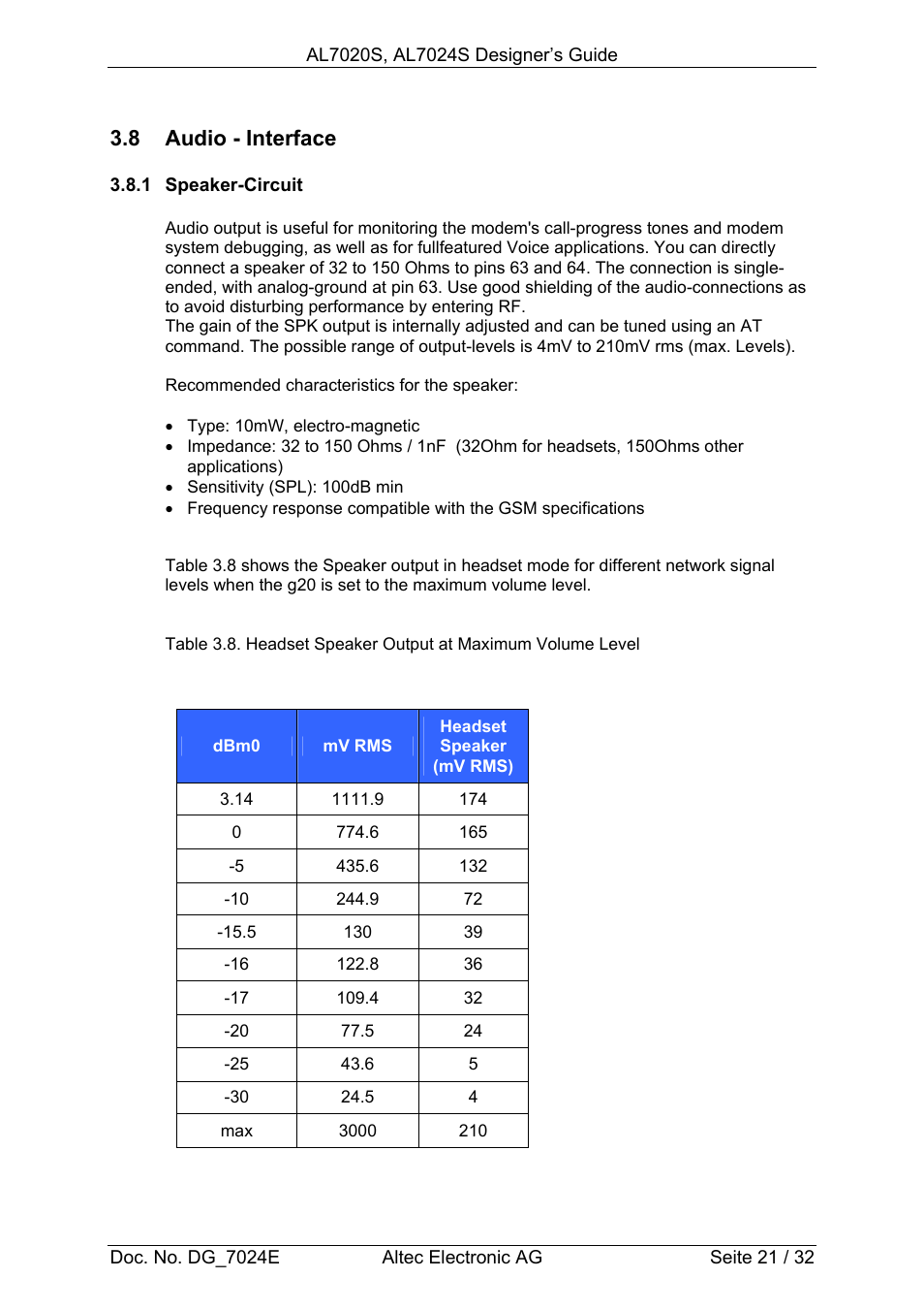 8 audio - interface | Altec GSM SOCKET AL7020S User Manual | Page 21 / 32