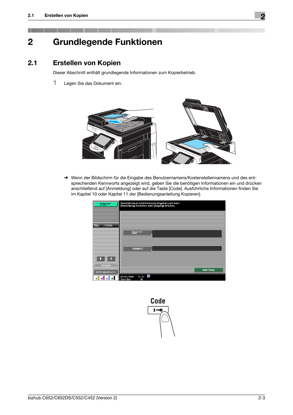 2 grundlegende funktionen, 1 erstellen von kopien, Grundlegende funktionen | Erstellen von kopien -3, 2grundlegende funktionen | Konica Minolta BIZHUB C652DS User Manual | Page 107 / 338