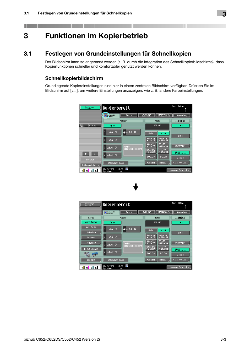 3 funktionen im kopierbetrieb, Schnellkopierbildschirm, Funktionen im kopierbetrieb | 3funktionen im kopierbetrieb | Konica Minolta BIZHUB C652DS User Manual | Page 157 / 338