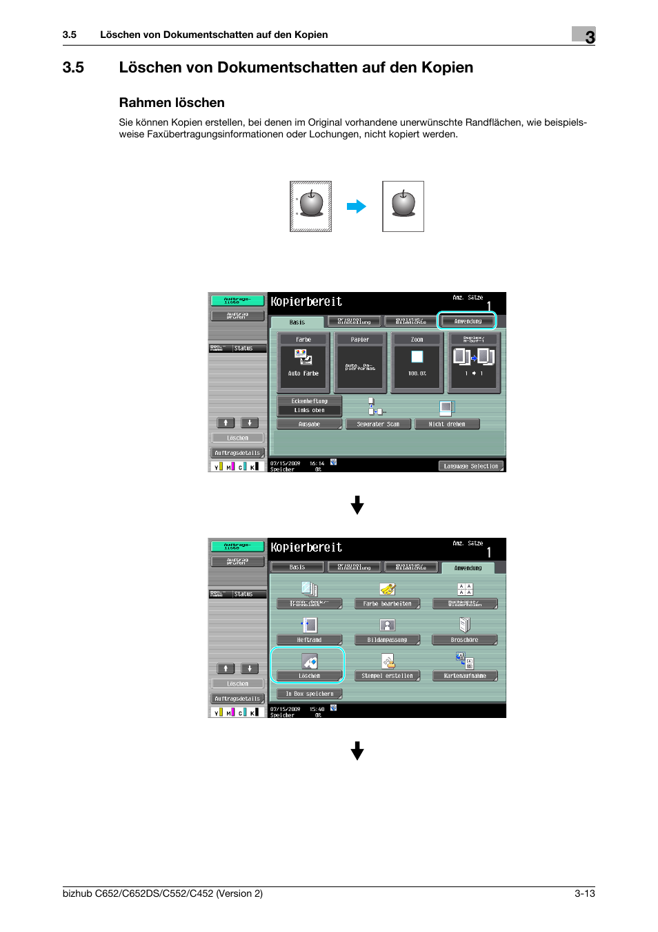 5 löschen von dokumentschatten auf den kopien, Rahmen löschen | Konica Minolta BIZHUB C652DS User Manual | Page 167 / 338