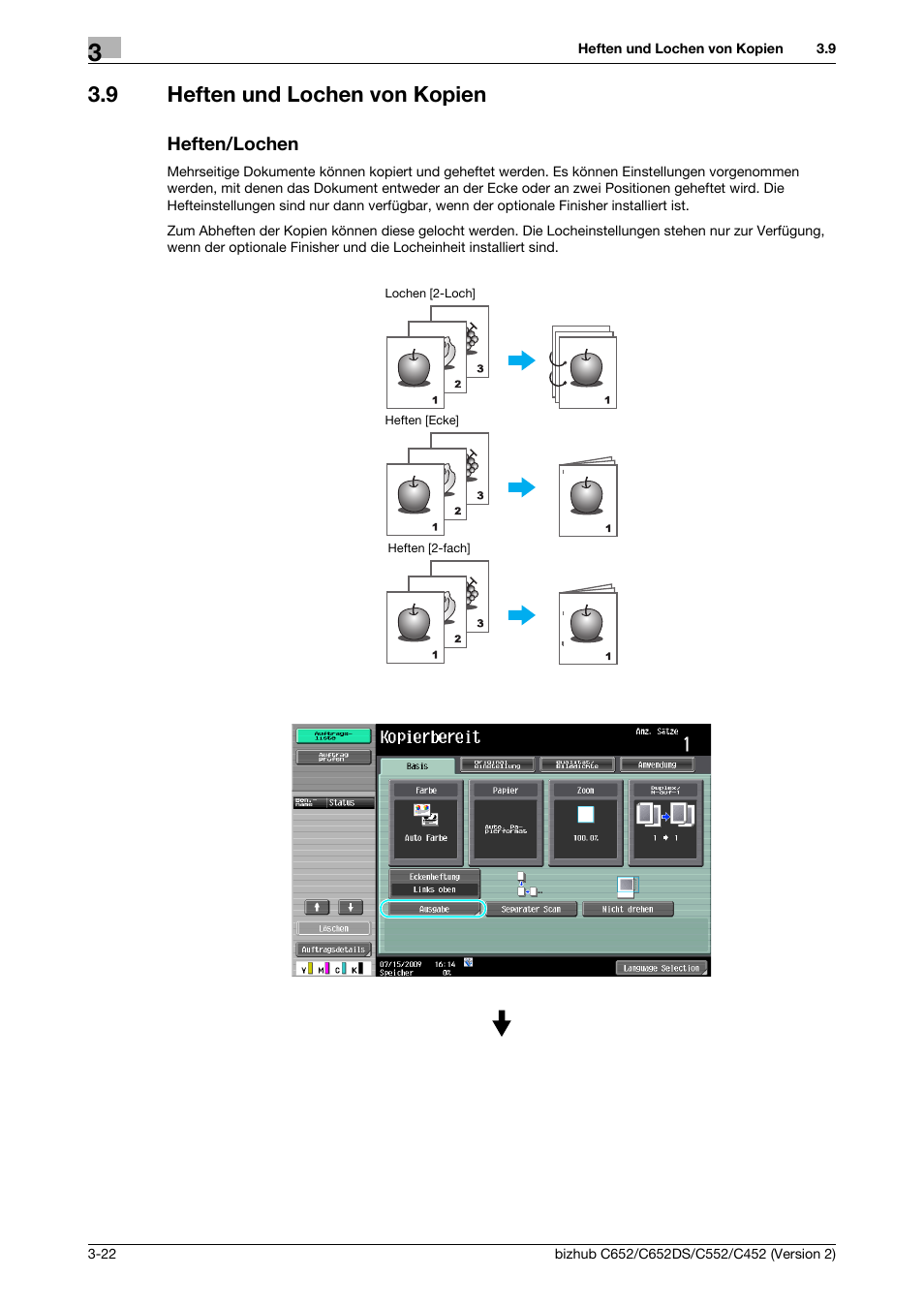 9 heften und lochen von kopien, Heften/lochen, Heften und lochen von kopien -22 heften/lochen -22 | Konica Minolta BIZHUB C652DS User Manual | Page 176 / 338