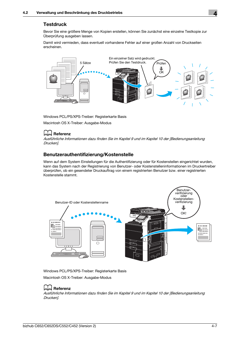Testdruck, Benutzerauthentifizierung/kostenstelle | Konica Minolta BIZHUB C652DS User Manual | Page 201 / 338