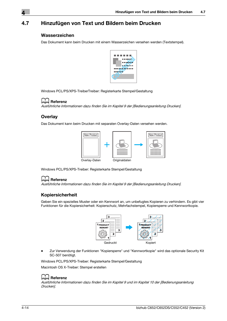 7 hinzufügen von text und bildern beim drucken, Wasserzeichen, Overlay | Kopiersicherheit, Confidential | Konica Minolta BIZHUB C652DS User Manual | Page 208 / 338