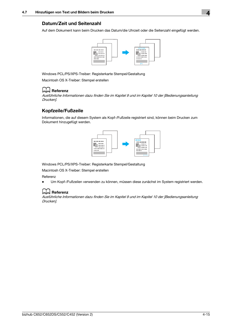 Datum/zeit und seitenzahl, Kopfzeile/fußzeile | Konica Minolta BIZHUB C652DS User Manual | Page 209 / 338