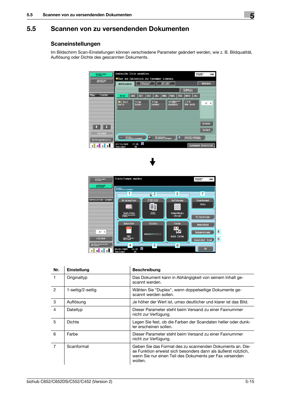 5 scannen von zu versendenden dokumenten, Scaneinstellungen | Konica Minolta BIZHUB C652DS User Manual | Page 229 / 338