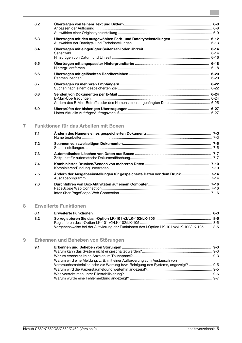 7funktionen für das arbeiten mit boxen, 8erweiterte funktionen, 9erkennen und beheben von störungen | Konica Minolta BIZHUB C652DS User Manual | Page 23 / 338